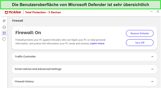 Screenshot der Firewall-Oberfläche von McAfee