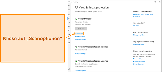 Screenshot, der zeigt, wie Sie auf die Scanoptionen von Microsoft Defender zugreifen