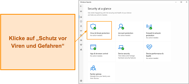 Screenshot, der zeigt, wie das Menü „Viren- und Bedrohungsschutz“ von Microsoft Defender geöffnet wird