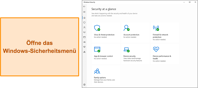 Screenshot des Hauptmenüs der Windows-Sicherheit