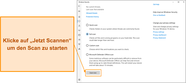 Screenshot, der zeigt, wie Sie einen Scan mit Microsoft Defender starten