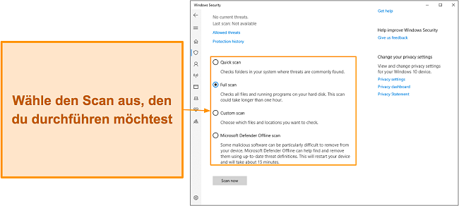 Screenshot der verschiedenen verfügbaren Scantypen von Microsoft Defender