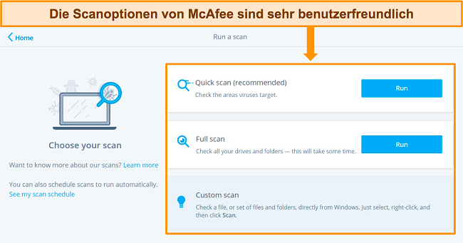 Screenshot der Scanoptionen von McAfee in seiner Windows-App.