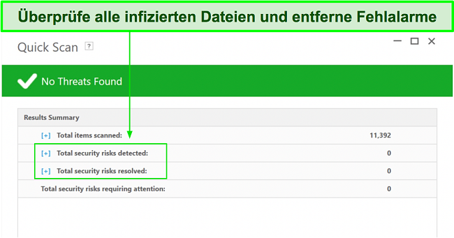 Screenshot, wo die Liste der infizierten Dateien nach dem vollständigen Scan zu überprüfen ist