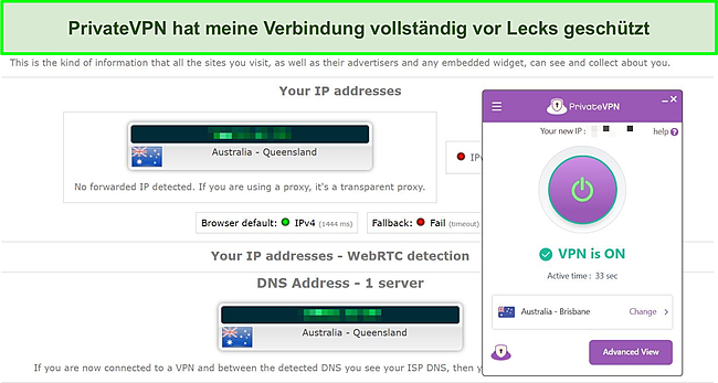 Screenshot eines DNS-Leak-Tests auf einem PrivateVPN-Server