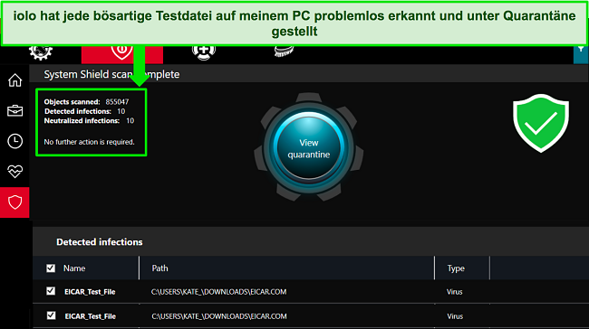 Screenshot der Windows-App von iolo, der einen abgeschlossenen System Shield-Scan mit mehreren erkannten Test-Malware-Dateien zeigt.