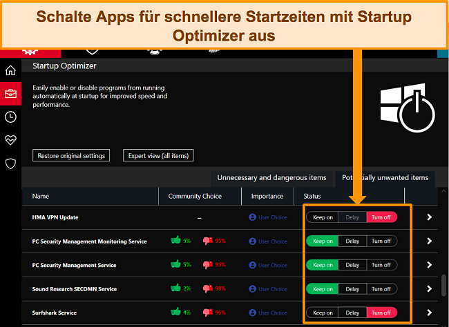 Screenshot der Verwaltung von Apps mit dem Startup-Optimierer von iolo