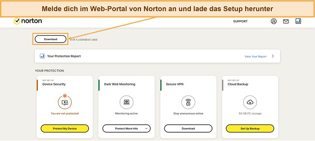 Screenshot, der zeigt, wie das Norton-Setup vom Webportal heruntergeladen wird