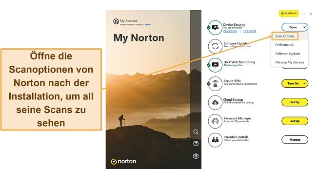 Screenshot, der zeigt, wie Sie auf das Menü „Scanoptionen“ von Norton zugreifen