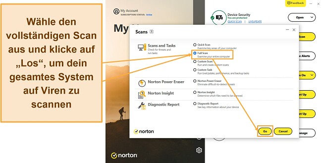 Screenshot, der zeigt, wie der vollständige Scan von Norton gestartet wird