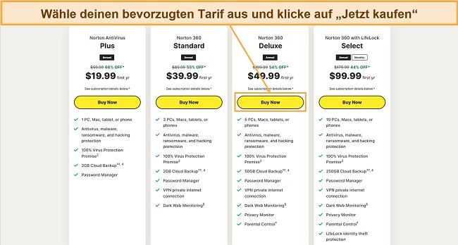 Screenshot, der zeigt, wie man einen von Nortons Plänen auswählt