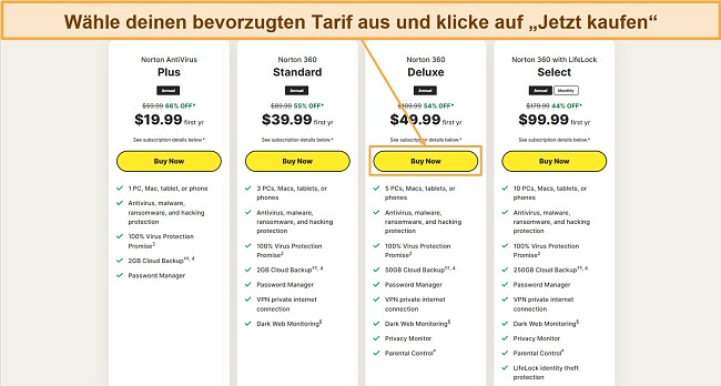 Screenshot, der zeigt, wie man einen von Nortons Plänen auswählt