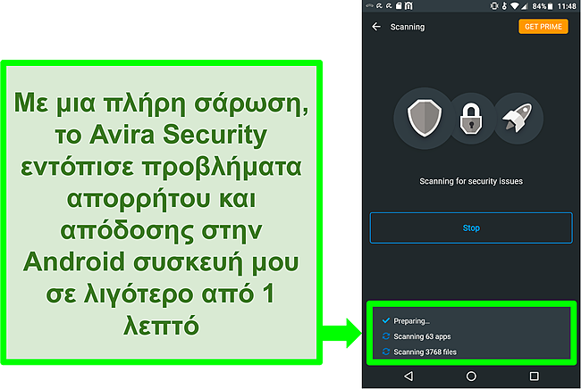 Στιγμιότυπο οθόνης σάρωσης σε εξέλιξη χρησιμοποιώντας το Avira Security δωρεάν για Android