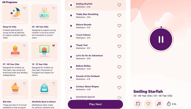 Screenshots of the Smiling Mind app