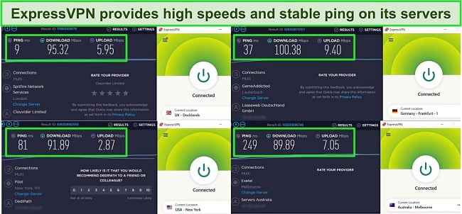 Screenshot of speed tests carried out on 4 ExpressVPN servers.