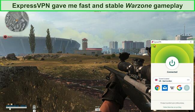 Screenshot of Call of Duty: Warzone game with an ExpressVPN connection.