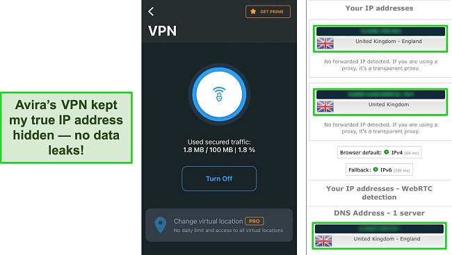 Screenshot of Avira's VPN connected with the results of an IP leak test showing no data leaks.