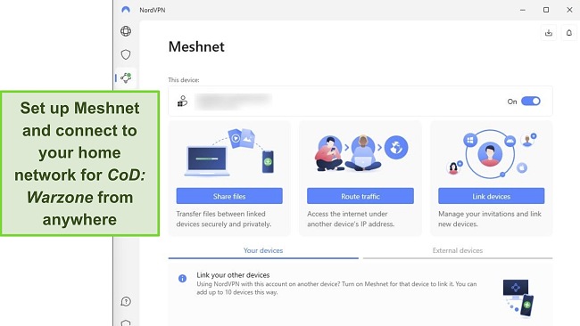 Screenshot of NordVPN's Meshnet feature in its Windows app.