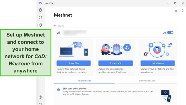 Screenshot of NordVPN's Meshnet feature in its Windows app.