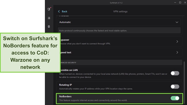 Screenshot of Surfshark's Windows app, highlighting the NoBorders feature in the VPN Settings menu.