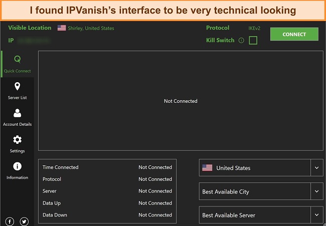 Screenshot of IP Vanish's desktop client