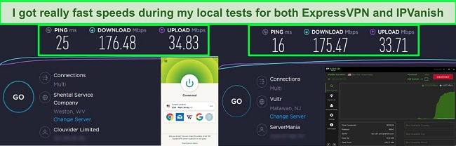 ExpressVPN Alt-text: screenshots of speedtest results form ExpressVPN and IP Vanish when connected to servers in the US