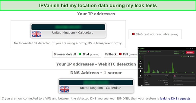 Screenshot of DNS Leak test results when connected to an IP Vanish server