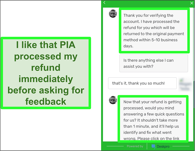 Screenshot of requesting for a refund via PIA's 24/7 live chat