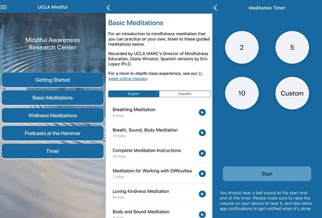 Screenshots from the UCLA Mindful App