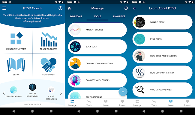Screenshots from the PTSD Coach App