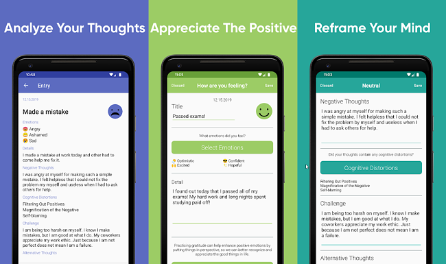 Screenshots from the CBT Thought Diary App