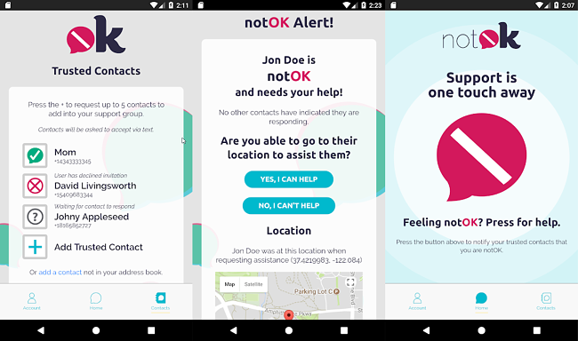 Screenshots from the notOK App
