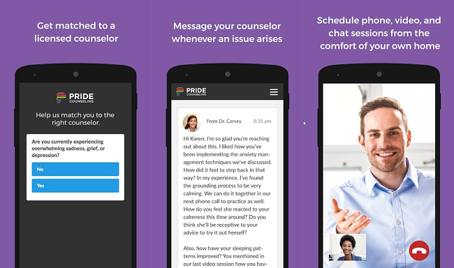 Screenshots from the Pride Counseling App