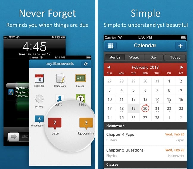 Screenshots from the MyHomework Student Planner App