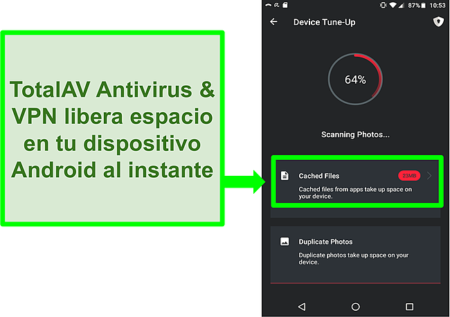 Captura de pantalla de la función de limpieza del dispositivo en TotalAV Antivirus y VPN para Android
