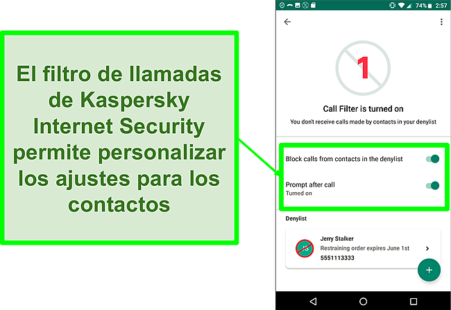 Captura de pantalla de la función Filtro de llamadas de Kaspersky Internet Security en un dispositivo móvil Android