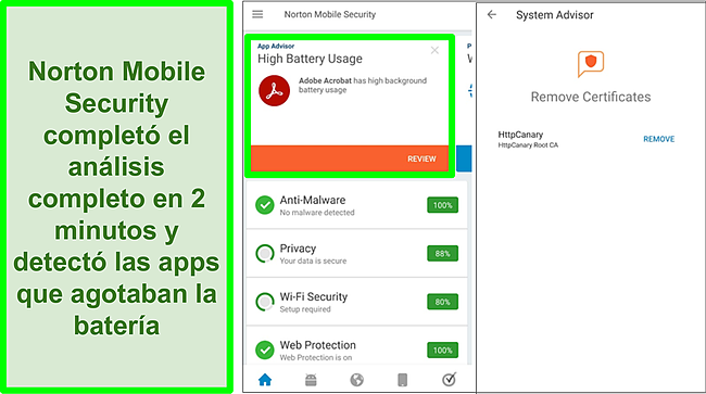 Captura de pantalla de un escaneo en Android usando Norton Mobile Security