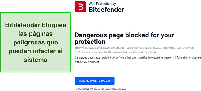 Revisión de Bitdefender que muestra la función de protección web que bloquea activamente el acceso a un sitio web potencialmente dañino.