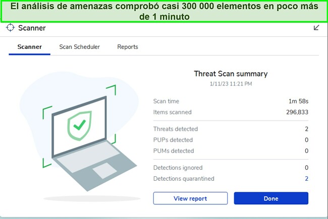 Revisión de Malwarebytes que destaca la interfaz de la función Threat Scan.