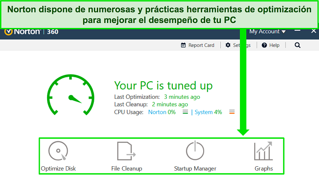 Captura de pantalla de las herramientas de optimización del rendimiento de Norton.