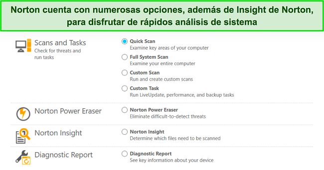 Captura de pantalla de la aplicación de Windows de Norton que muestra las diferentes opciones de escaneo disponibles.