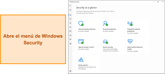 Captura de pantalla del menú principal de Seguridad de Windows