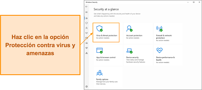 Captura de pantalla que muestra cómo abrir el menú de protección contra virus y amenazas de Microsoft Defender