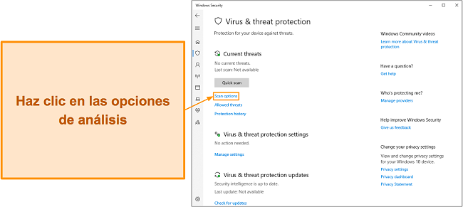 Captura de pantalla que muestra cómo acceder a las opciones de análisis de Microsoft Defender