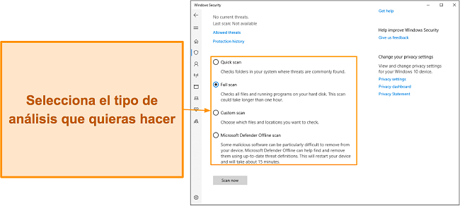 Captura de pantalla de los diversos tipos de análisis disponibles de Microsoft Defender