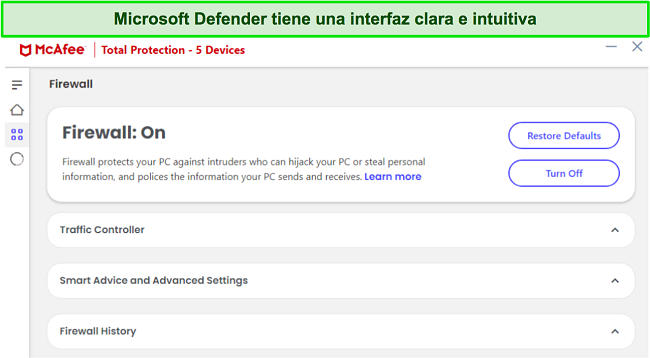 Captura de pantalla de la interfaz del cortafuegos de McAfee