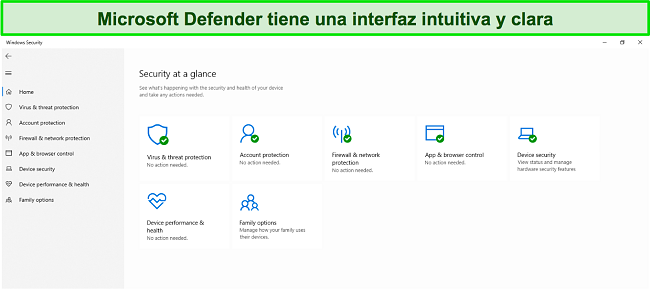 Captura de pantalla del menú principal de Microsoft Defender