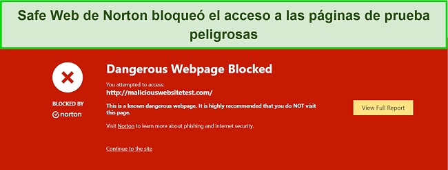 Revisión de Norton que muestra una función de seguridad donde Safe Web bloquea el acceso a sitios de prueba de malware.