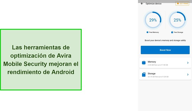 Captura de pantalla de las características de optimización de Avira Mobile Security