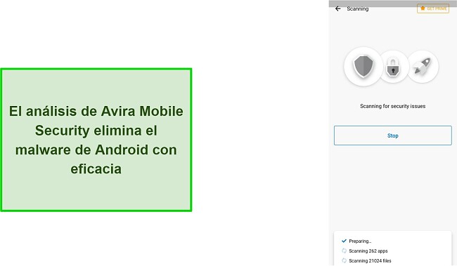 Captura de pantalla de Avira Mobile Security realizando un escaneo de virus